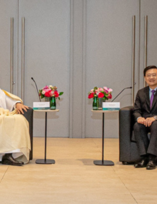 John Lee (right), Chief Executive of HKSAR met H.E. Eng. Abdullah Al-Swaha,(left) Minister of Communications & Information Technology in Hong Kong Science Park. (Photo: Business Wire)