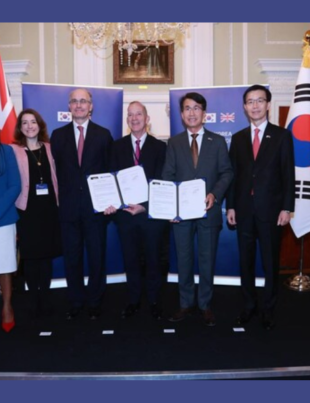 (From left) Kemi Badenoch, Secretary of State for Trade and Business; Angharad Milenkovic, Vice-President (Advancement) UCL; Professor Nigel Titchener-Hooker, Dean of Engineering Sciences, UCL; Dr Michael Spence, President and Provost, UCL; Dongwook Kim, Executive Vice President, HMC; Moonkyu Bang, Minister of Trade, Industry and Energy of the Republic of Korea.