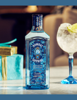 The new limited-edition label for Bacardi-owned BOMBAY SAPPHIRE eliminates the need for a gift pack. The striking design was inspired by the gin brand's 100% sustainably sourced botanicals. (Photo: Business Wire)