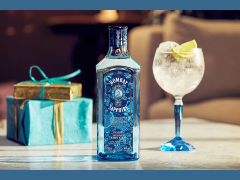 The new limited-edition label for Bacardi-owned BOMBAY SAPPHIRE eliminates the need for a gift pack. The striking design was inspired by the gin brand's 100% sustainably sourced botanicals. (Photo: Business Wire)