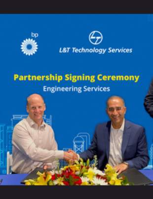 L-R: William M. (Bill) Anderson VP Mechanical Engineering, bp Innovation and Engineering, Bruce Price, VP Maintenance & Engineering, Global Operations. bp, Amit Chadha, CEO & MD, LTTS and Subrat Tripathy, SVP & Chief Business Officer – IP & PE North America, LTTS. (Photo: Business Wire)