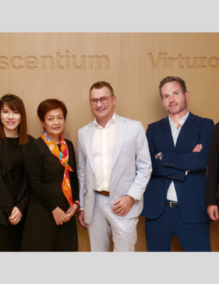 From left to right: Lennard Yong, Founding Management and Group CEO; Chloe Chan, Chief Strategy and Corporate Development Officer; Wendy Wang, Founding Management and Group President from Ascentium, joined by Neil Petch, Chairman and Co-founder; Geoff Rapp, Executive Director and Co-founder; George Hojeige, Group CEO from Virtuzone.