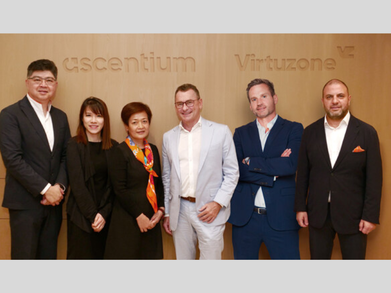 From left to right: Lennard Yong, Founding Management and Group CEO; Chloe Chan, Chief Strategy and Corporate Development Officer; Wendy Wang, Founding Management and Group President from Ascentium, joined by Neil Petch, Chairman and Co-founder; Geoff Rapp, Executive Director and Co-founder; George Hojeige, Group CEO from Virtuzone.