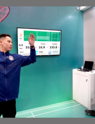 US badminton Olympian Howard Shu plays with ITRI's AI Badminton Trainer at CES 2025