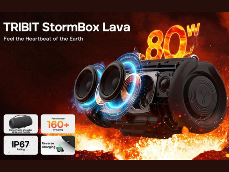 TRIBIT StormBox Lava Portable Bluetooth Speaker, 80W Loud Wireless Speaker, 24H Playtime, IP67 Waterproof, Bluetooth 5.4, Custom EQ, XBass, Built-in Mic, TWS Pairing for Camping/Beach/Party/Outdoor