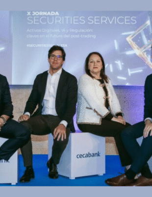 Andrei Manuel, COO of Bit2Me; Aníbal Martín, Director of Global Business Development at Cecabank; Aurora Cuadros, Corporate Director of Securities Services at Cecabank; and Abel Peña, CSO of Bit2Me (Image Courtesy: PRNewswire)