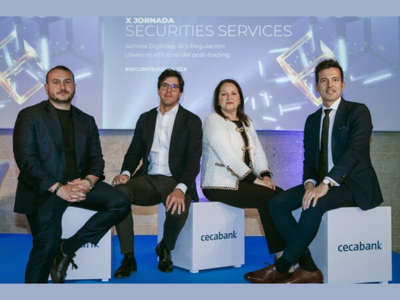 Andrei Manuel, COO of Bit2Me; Aníbal Martín, Director of Global Business Development at Cecabank; Aurora Cuadros, Corporate Director of Securities Services at Cecabank; and Abel Peña, CSO of Bit2Me (Image Courtesy: PRNewswire)