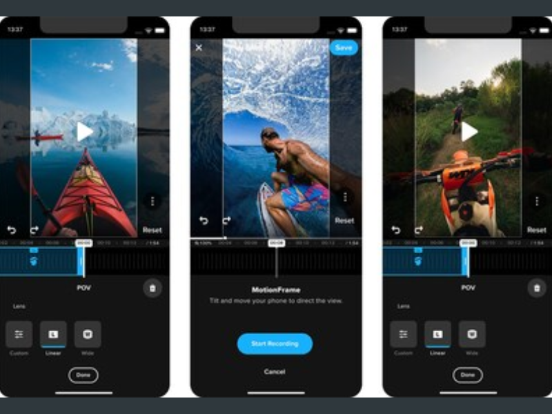 GoPro introduces two new tools to its 360 editing suite in the Quik mobile app. The tools—MotionFrame and POV—offer new ways to review, capture and share traditional fixed-frame videos and photos from 360 footage (Image Courtesy: PRNewswire)