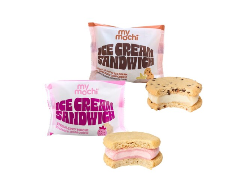 My/Mochi launches first-ever Mochi Ice Cream Sandwiches Just in Time for National Ice Cream Day. The gluten-free, single-serve sandwiches will come in Strawberry Mochi Ice Cream & Sugar Cookie and Vanilla Mochi Ice Cream & Chocolate Chip Cookie (Image Courtesy: PRNewswire)