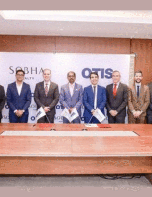 From left: Suraj Gopinathan, Assistant Vice President Senior Manager, Sobha Realty; Diwakar Kheterpal, Director Group Procurement Sobha Realty; Ehtesham Ahmed, Otis Middle East (ME) Sales & Marketing Dir.; Mohammed Al Qaisi, Otis ME Leader; Varughese Mathew, Chief Operating Officer, Sobha Realty; João Penedo, Otis Senior VP for Iberia, Africa & Middle East (IBAME); Javier Barquin, Otis Field Lead; Ramon Sendra, Otis Sales Lead; Mohamed Haidara, Otis UAE Sr Sales Mgr; Alphin Aloor, Otis Analytics (Image Courtesy: PRNewswire)