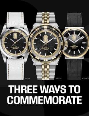 The three tiers of AXIA watches for the FIFA 2026 World Cup, shown here in the tournament design. Fourteen nations will have country-specific designs released in staggered drops. (Image Credit: PRNewswire)