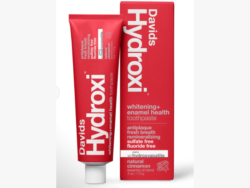 Hydroxi toothpaste formulated with nano hydroxyapatite for enamel remineralization and whitening, in a fluoride-free cinnamon blend (Image Credit: David Health Sciences official website)
