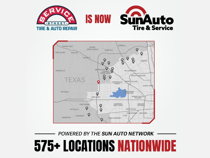 Service Street in Cypress is now Sun Auto Tire & Service, expanding coverage in the Greater Houston market as part of the Sun Auto Network’s 575+ nationwide locations (Image Credit: PRNewswire)