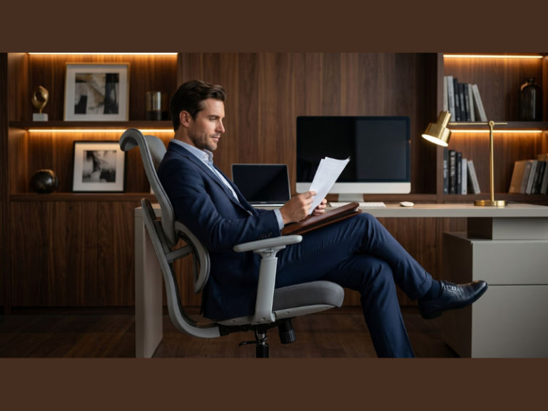 A professional working from home, fully supported by the advanced dynamic lumbar system of the upcoming Sunaofe Atlas ergonomic chair (Image Credit: PRNewswire)