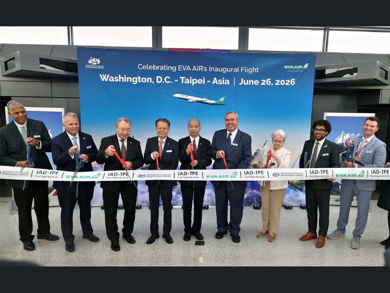 EVA Air executives and distinguished officials celebrate the launch of the new Dulles service with a ribbon-cutting ceremony at Washington Dulles International Airport (Image Credit: PRNewswire)