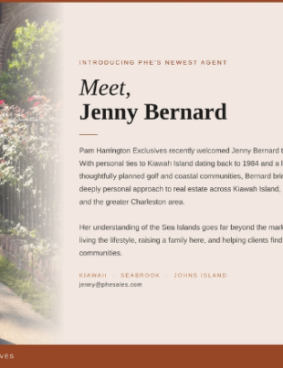Jenny Bernard, Sales Agent, Pam Harrington Exclusives. Bernard specializes in Kiawah Island, Seabrook Island, and Johns Island real estate. (Photo courtesy of Pam Harrington Exclusives)
