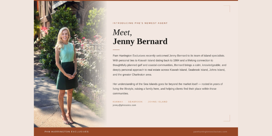 Jenny Bernard, Sales Agent, Pam Harrington Exclusives. Bernard specializes in Kiawah Island, Seabrook Island, and Johns Island real estate. (Photo courtesy of Pam Harrington Exclusives)