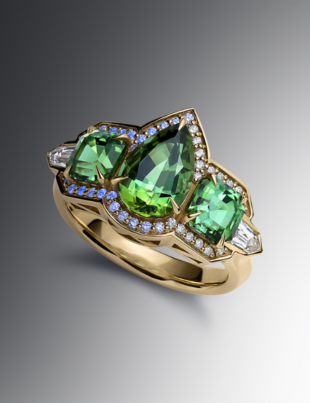 One-of-a-Kind Deco Style Filigree Ring with Asher-cut Blue Green Tourmaline and Fancy-cut Diamonds by GemologyGeek (Image Credit: GemologyGeek official website)