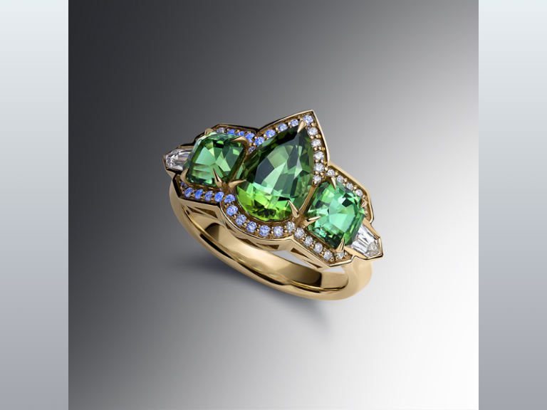 One-of-a-Kind Deco Style Filigree Ring with Asher-cut Blue Green Tourmaline and Fancy-cut Diamonds by GemologyGeek (Image Credit: GemologyGeek official website)