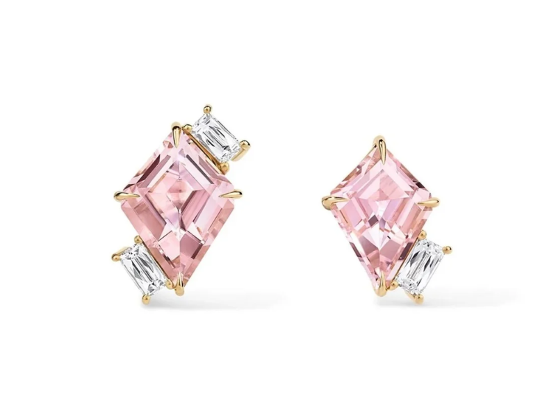One-of-a-Kind Mismatched Kite-cut Pink Tourmaline Earrings with French-cut Diamonds (Image Credit: GemologyGeek official website)