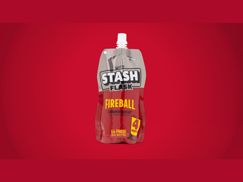 The Stash Flask is a lightweight, flexible, resealable 200mL pouch designed to hold up to four shots of Fireball in a compact format built for portability and sharing (Image Credit: PRNewswire)