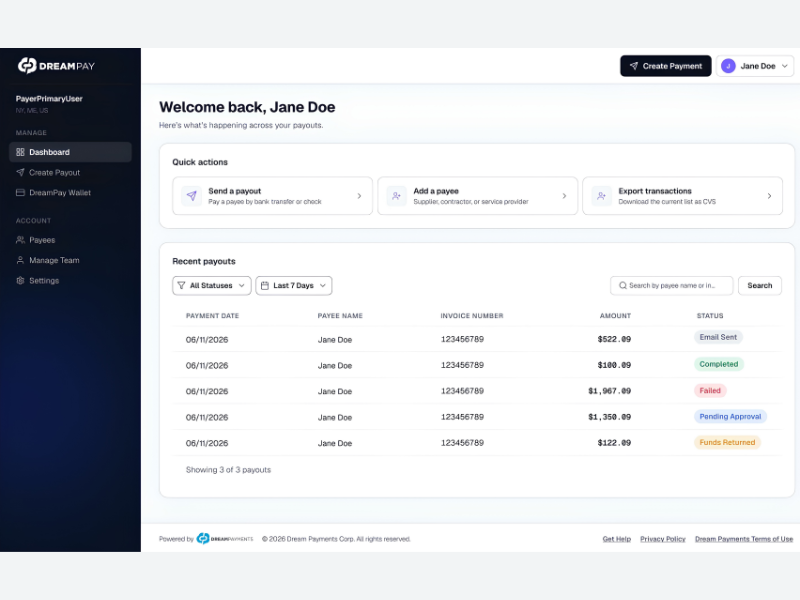 Dream Payments Launches Dream Payouts, the Payment Network for America's 36 Million Small Businesses (Image Credit: Dream Payouts official website)