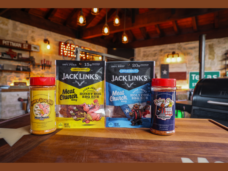 Jack Link's x Meat Church BBQ's latest meat snack collaboration featuring Honey Hog Pork Jerky and Holy Cow Beef Jerky (Image Courtesy: PRNewswire)