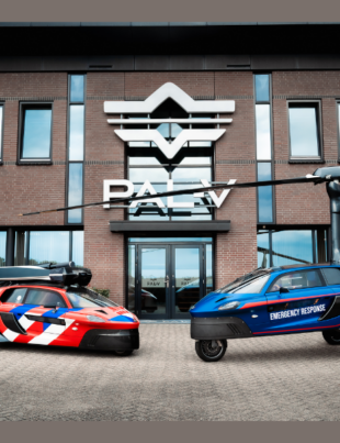 PAL-V FlyDrive vehicles configured for Emergency Response and Dutch Fire Brigade operations, displayed in drive and flight mode at the company's headquarters in the Netherlands (Image Courtesy: PRNewswire)