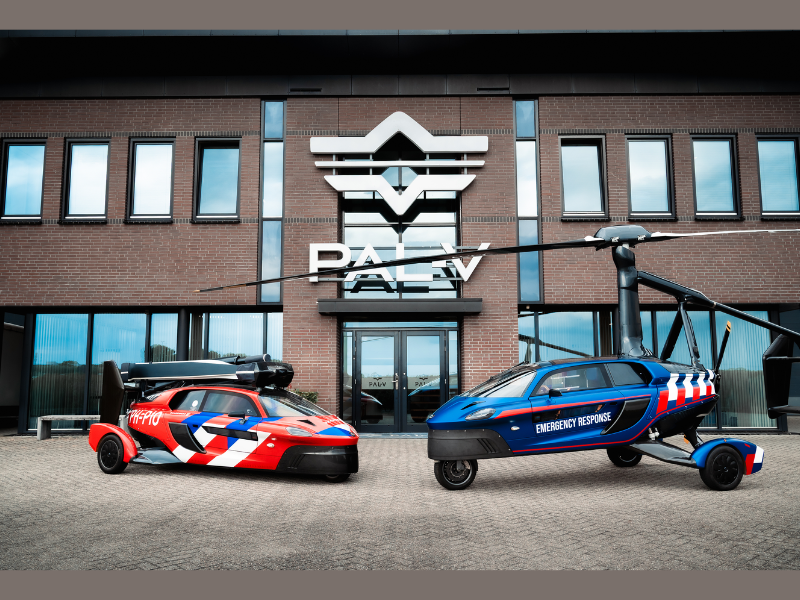 PAL-V FlyDrive vehicles configured for Emergency Response and Dutch Fire Brigade operations, displayed in drive and flight mode at the company's headquarters in the Netherlands (Image Courtesy: PRNewswire)