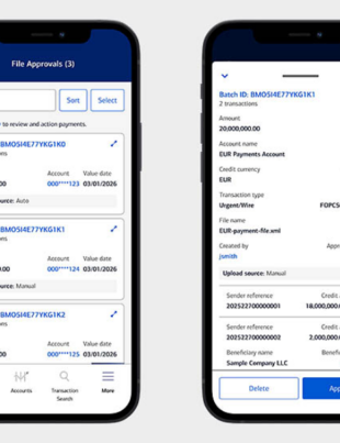 Pictured: The images show the updated payment approval experience on the CashPro App. The right image illustrates the details of one of the payments listed on the left image. (Image Courtesy: PRNewswire)