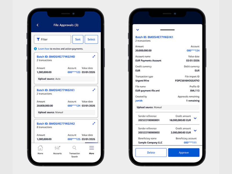 Pictured: The images show the updated payment approval experience on the CashPro App. The right image illustrates the details of one of the payments listed on the left image. (Image Courtesy: PRNewswire)