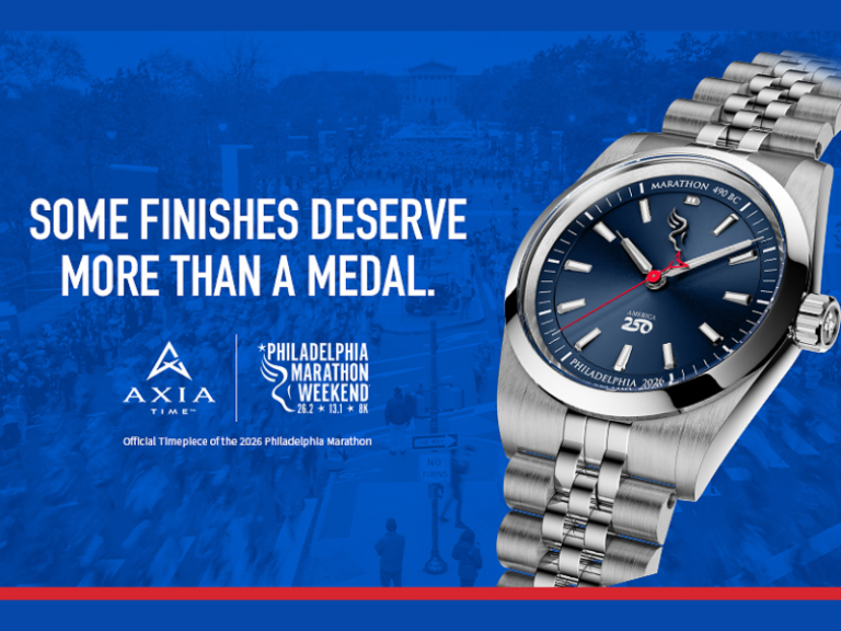 AXIA Time’s Official Timepiece of the 2026 Philadelphia Marathon Weekend, a Swiss Made automatic watch created with input from runners, features Philadelphia-inspired details, the America250 logo, and complimentary personalization (Image Courtesy: PRNewswire)